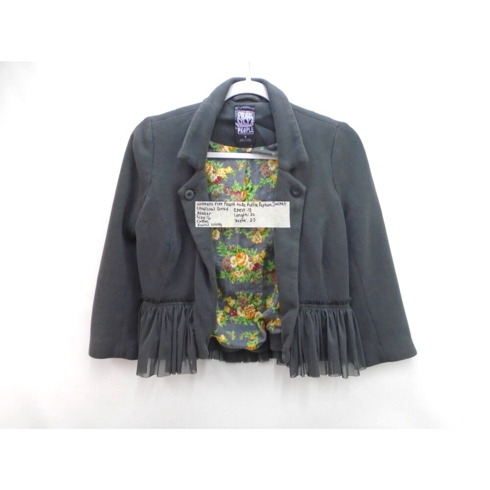 Free People Blazer Jacket Womens 6 Charcoal Gray Tulle Ruffle Peplum Floral Coat